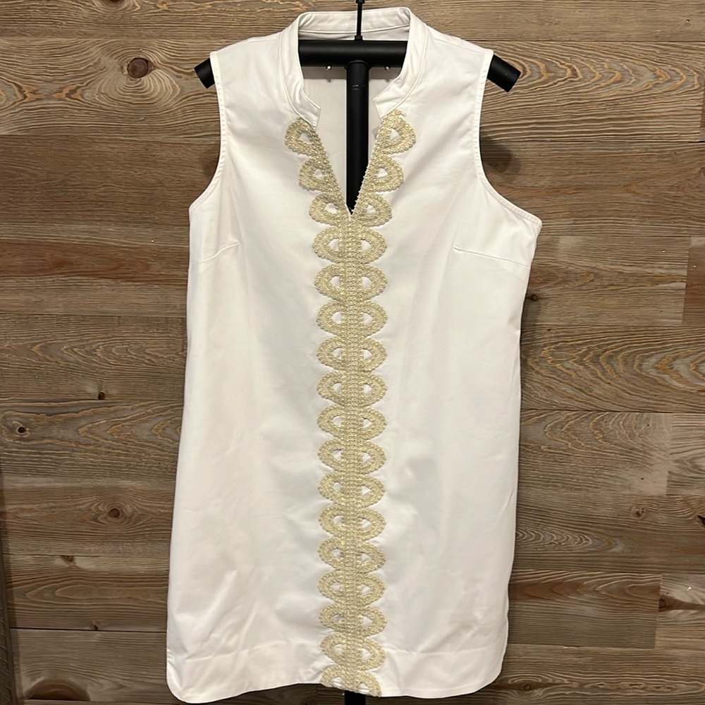 White Sleeveless Shift Dress with Gold Trim